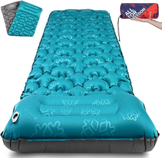 Matrimoniale airbed, 8-10 cm, compattata, ultraleggera, materasso gonfiabile, gonfiabile, alta, pieghevole, con cuscino, azzurro chiaro, blu marino