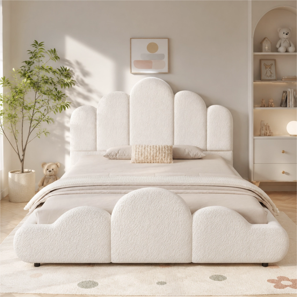 Letto Singolo 140x200 cm; con testiera imbottita; angoli arrotondati; bouclé beige