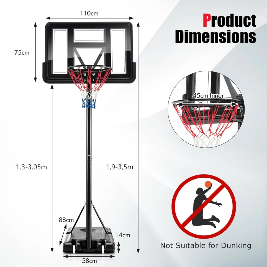 Canestro Basket per Esterno, 12 Livelli di Altezza Regolabile 130-305 cm, Supporto da Basket Portatile con Ruote, Base in PE e PVC, Pallacanestro per Interni con 2 Reti, per Bambini e Adulti