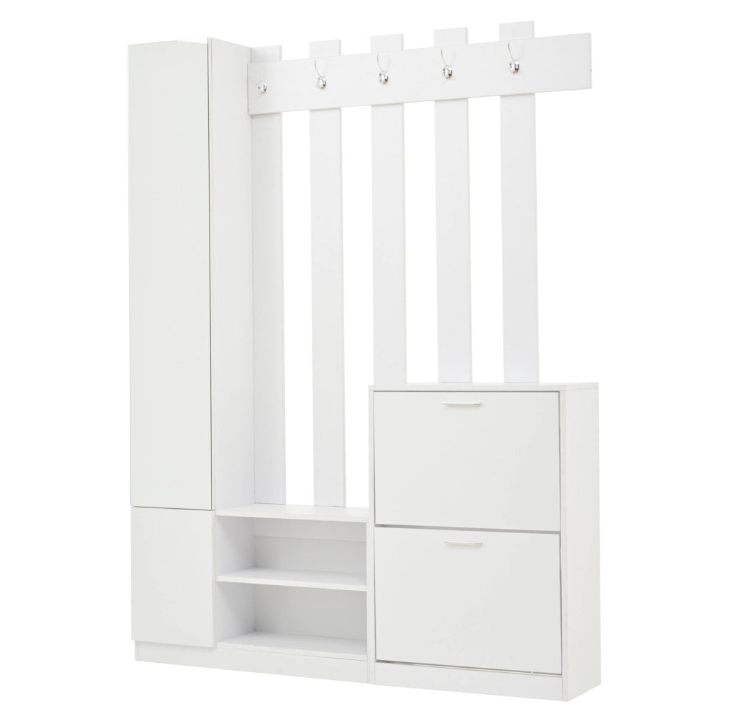Mobile da ingresso ULEVR 135x25x180 cm con specchio, 2 scarpiere a ribalta e 5 ganci, bianco