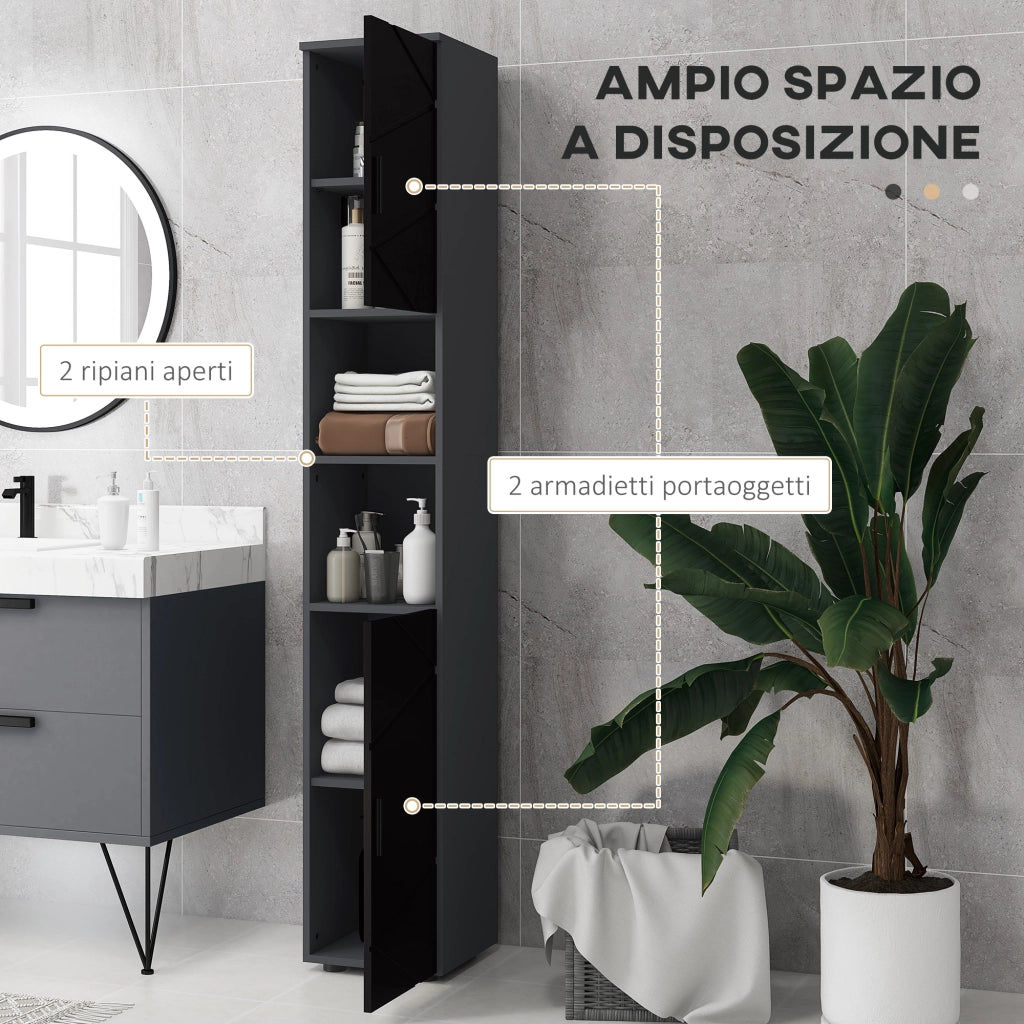 Colonna Bagno in Truciolato con 2 Ripiani Aperti e 2 Armadietti a 2 Livelli, 30x30x183 cm, Nero e Grigio