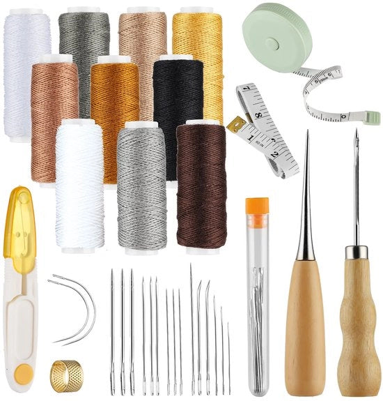 Kit di riparazione di tessuti in pelle, 32 pezzi, kit di accessori per cucire a mano, kit di riparazione di abbigliamento, DIY strumenti per cucire a mano in pelle