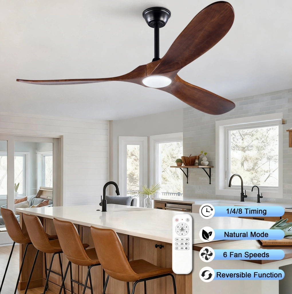 Ventilatore da soffitto 52 pollici con luce LED; 3 pale in legno noce; nero