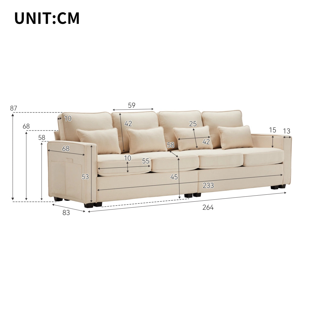 Divano 4 Posti con Tasche Laterali e 4 Cuscini Lombari; in Tessuto di Lino; Beige; 264 × 83 × 87 cm