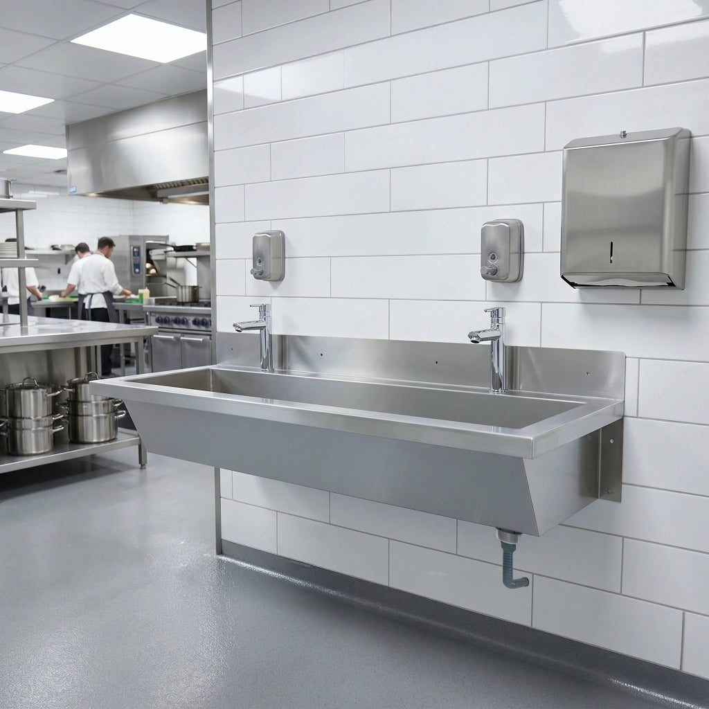 Lavabo a Canale 120 cm (1200 mm) Acciaio Inox a Parete con Rubinetti Push