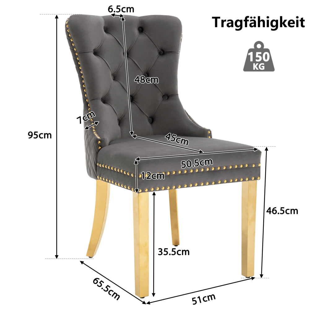 Sedia da pranzo imbottita in velluto grigio con anello decorativo; gambe in acciaio inox dorato; 50;5 x 45 x 95 cm