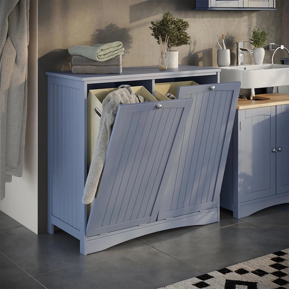 armadietto da bagno con portabiancheria Bianco, Grigio, 83 x 80 cm con 2 cesti per la biancheria, per la selezione e la conservazione della biancheria in bagno