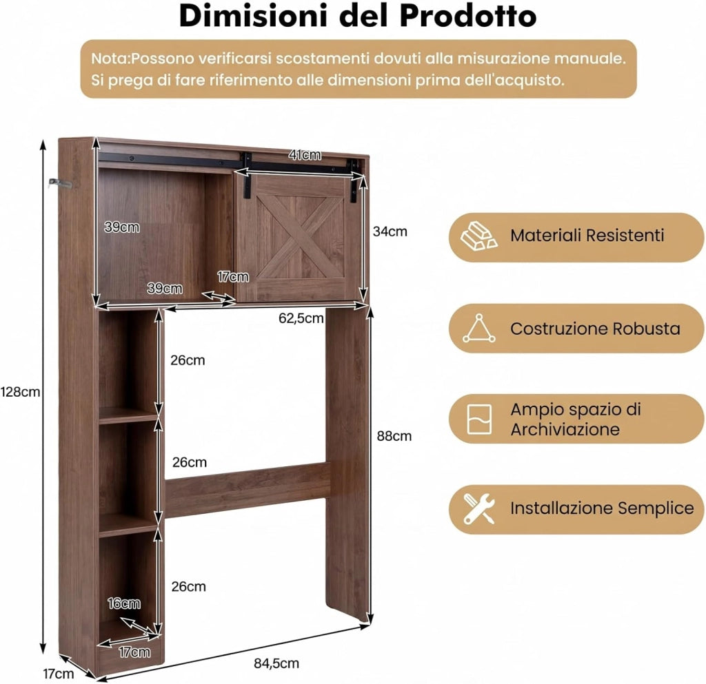 Mobile Salva Spazio Sopra WC, Organizzatore del Bagno in Legno con Porta e 3 Ripiani di Stoccaggio, per Bagno Lavanderia, 84x17x128 cm (Marrone Scuro)