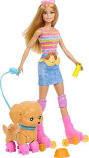 Barbie - Cucciolo sui pattini, set con bambola dai capelli biondi e cucciolo, guinzaglio e pattini coordinati, include o