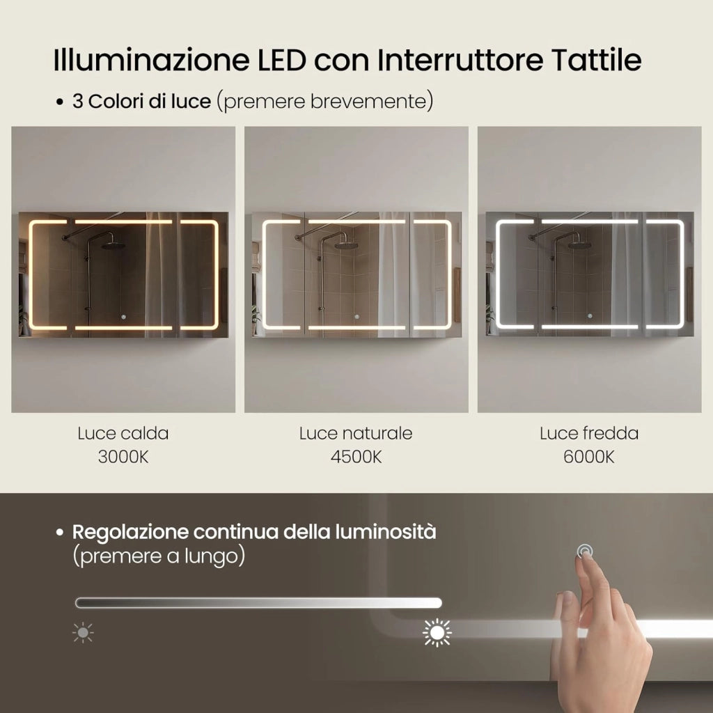 Mobile Bagno con Specchio e Luce, Armadietto Bagno a 3 Porte con Ripiani Regolabili, Ganci e Prese, Luce Tattile a 3 Colori, per Appartamento, Bianco, 100x14,5x60 cm, Nordico