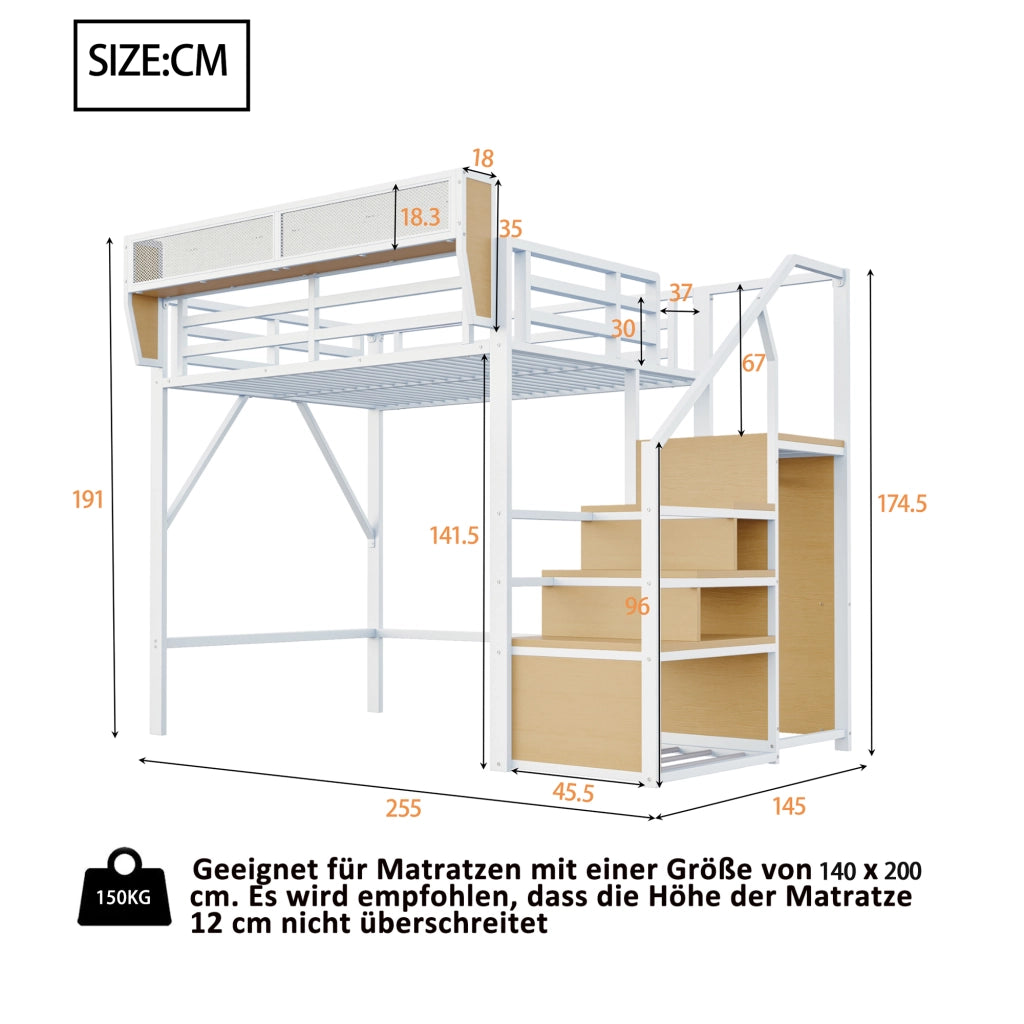 Letto a soppalco 140 x 200 cm; doppio con scala di sicurezza e ripiano rimovibile; senza materasso