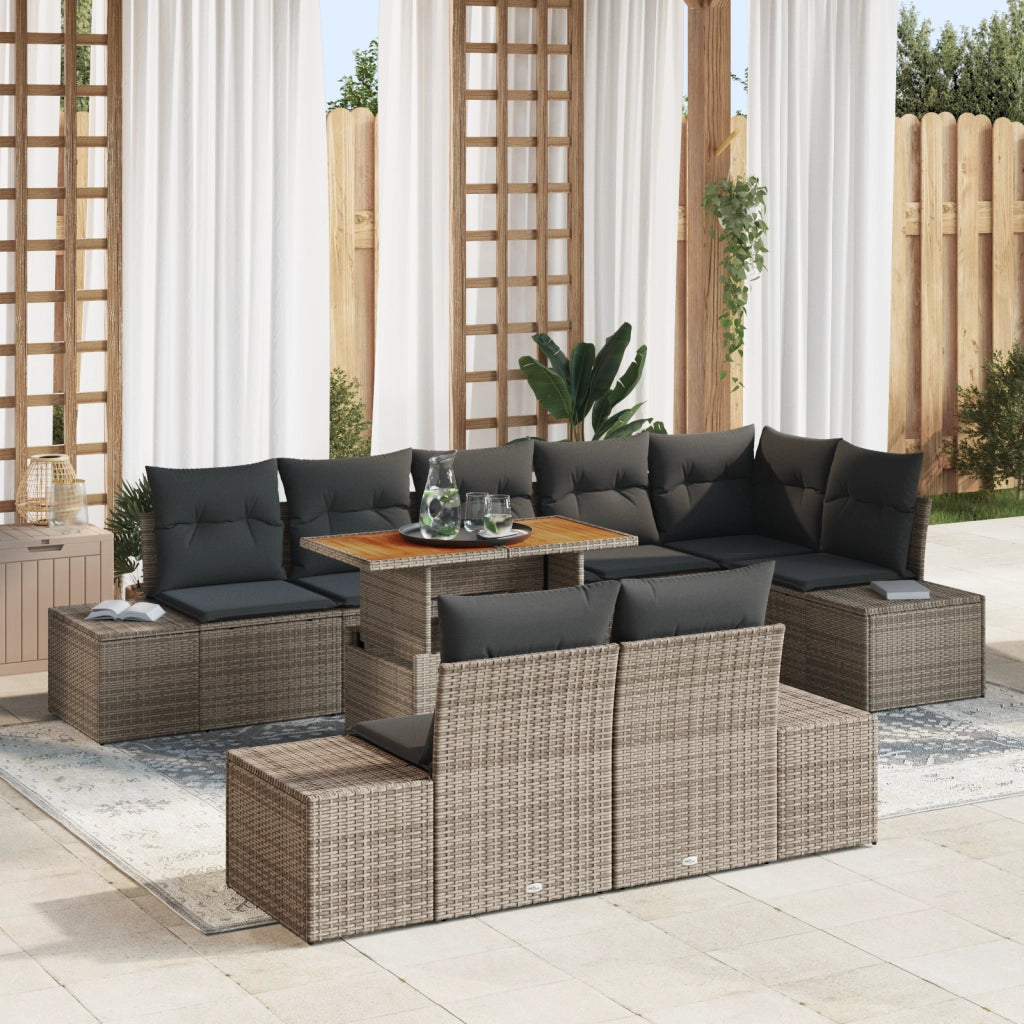 Set da Pranzo da Giardino con Cuscini Grigi in Polyrattan e Acacia