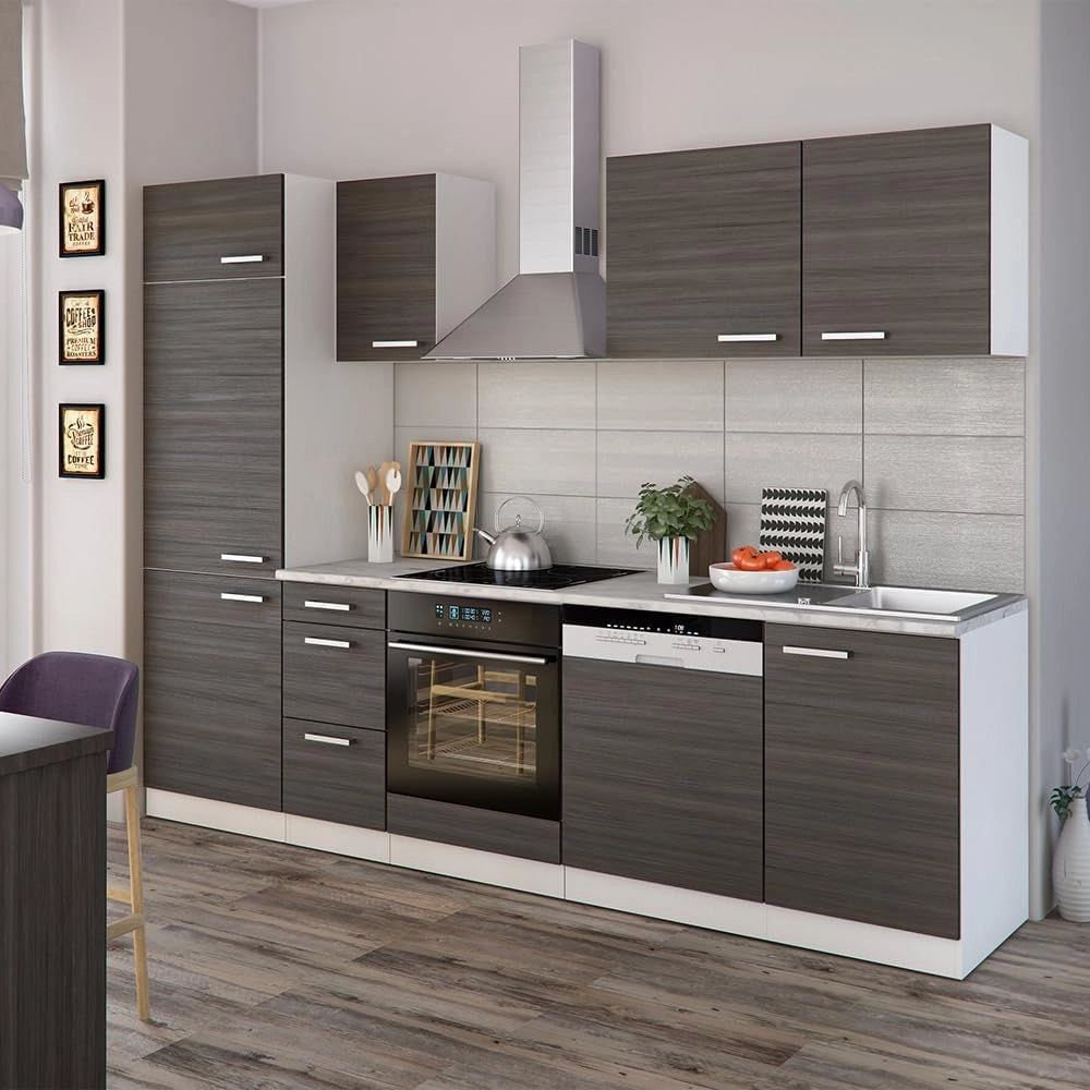 Cucina componibile Optima, Grigio prezioso/bianco, 270 cm senza piano di lavoro con striscia LED, adatto per disposizione e ampliamento personalizzati