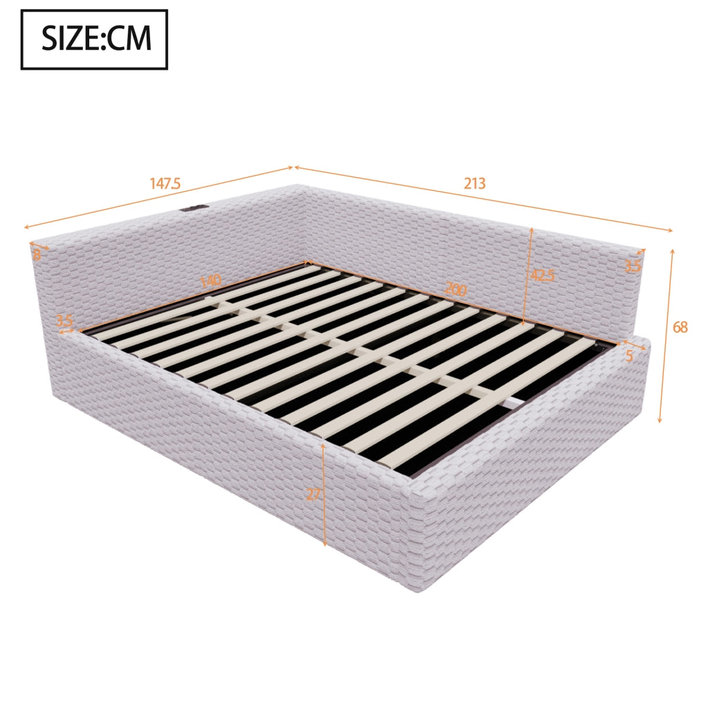 Letto a Divanetto 140x200 cm; Contenitore; LED; USB e Type-C; in Velluto; Grigio