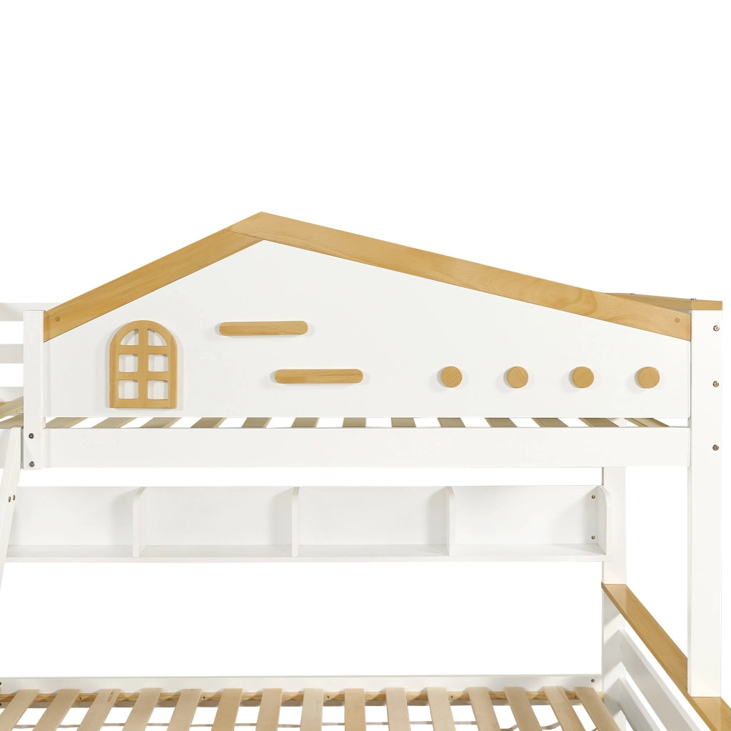 Letto a castello 90x200 cm e 140x200 cm con finestre; scala a 4 gradini e cassetti; bianco naturale