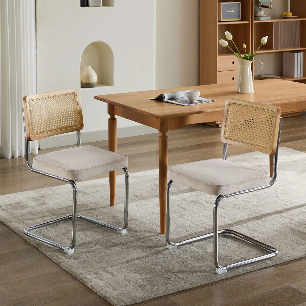 Sedie da Pranzo Set 2 Pezzi Velluto con Schienale in Rattan ¨C MINIMAL ¨C Struttura Cromata, Beige