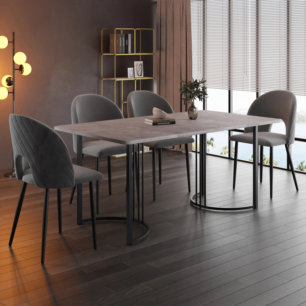 Set tavolo da pranzo 140x80 cm con 4 sedie in velluto grigio