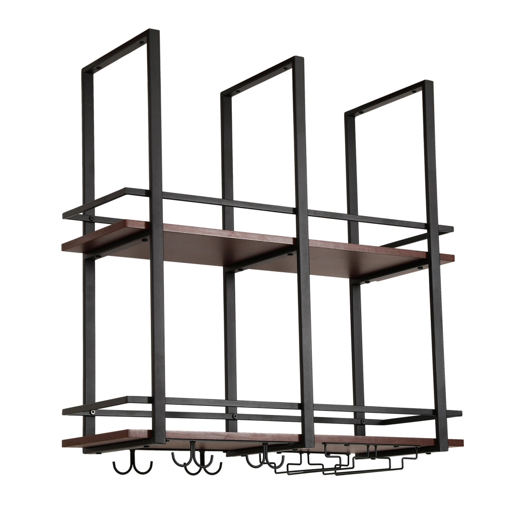 Portabottiglie Sospeso da Soffitto Hubro con Binari per Calici e Ganci per Tazze 80x30x85 cm Nero/Effetto Noce [en.casa]