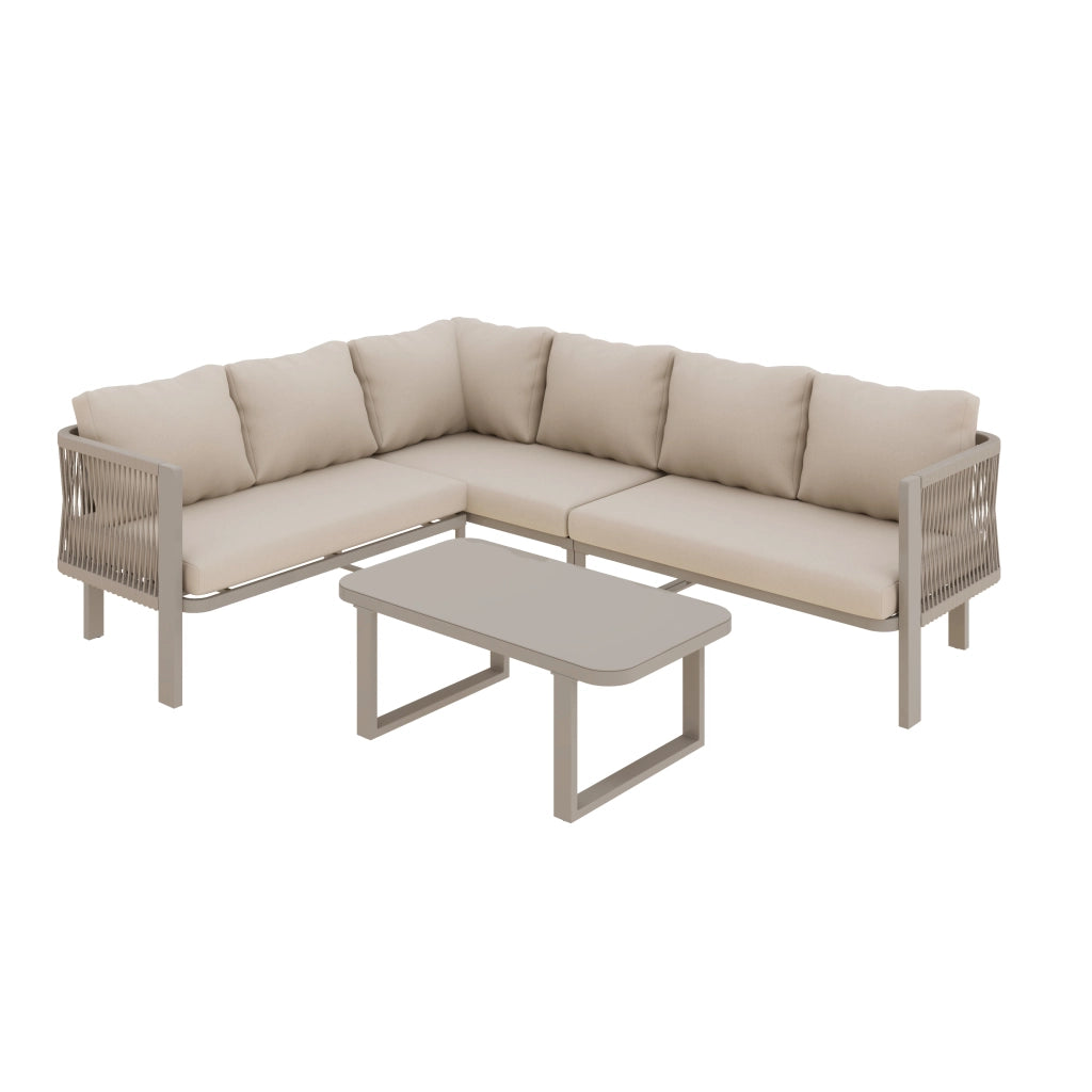 Set Mobili da Giardino 6 Posti con Tavolo, Divano e Sedie ¨C MINIMAL ¨C Acciaio, Vetro, Textilene, Beige
