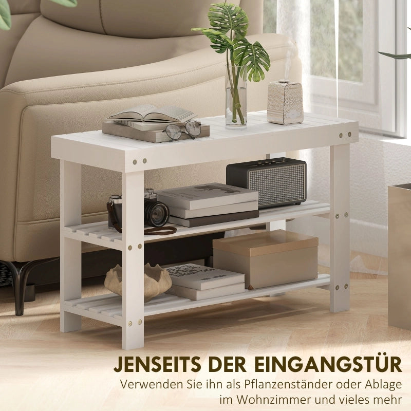 Panca porta scarpe in bamb¨´ con 2 ripiani, panca contenitore, per ingresso, 70x28x45 cm, bianca