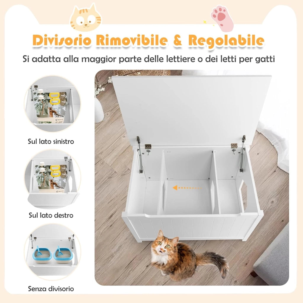 Mobile per Lettiera Gatti, con Apertura Superiore, Divisorio Rimovibile, Asta a Gas e Ganci in Metallo, Mobiletto Multiuso per Ingresso e Soggiorno, 82,5 x 51 x 51 cm, Carico Massimo 50 kg