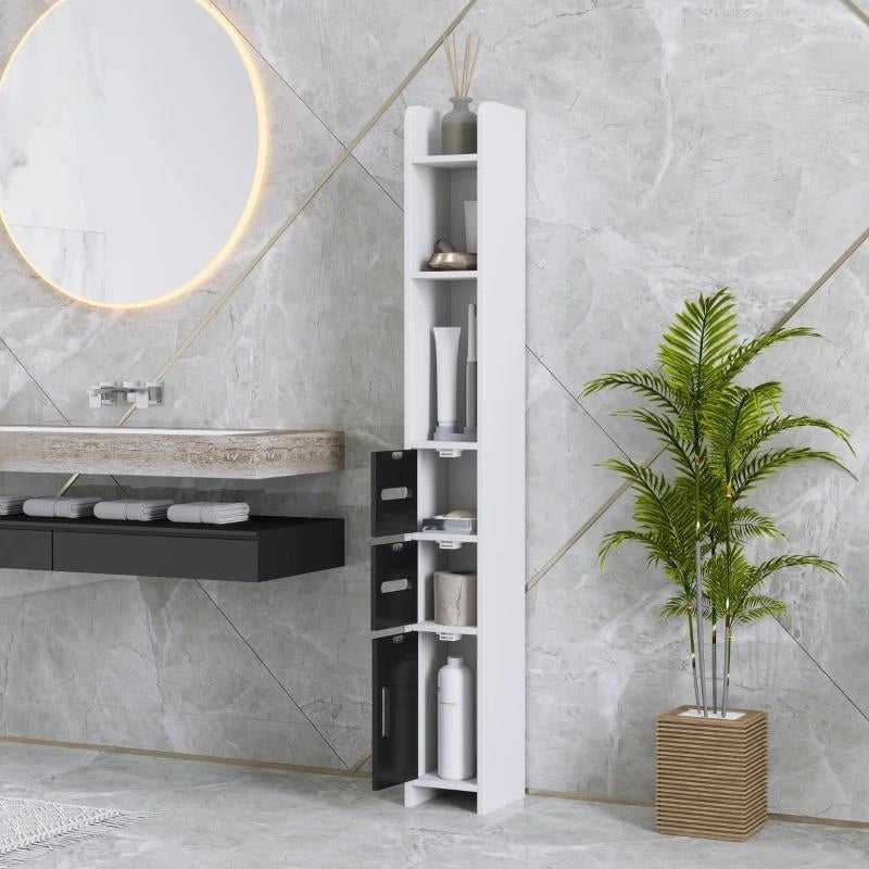 COLONNA BAGNO CON 3 MENSOLE E 3 ARMADIETTI, IN LEGNO, 15X17X120 CM, BIANCO E NERO
