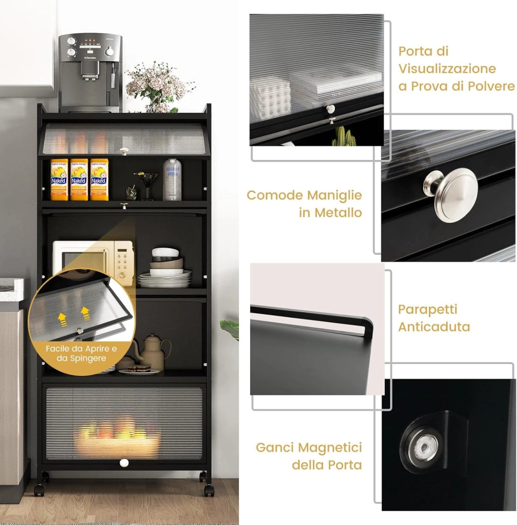 Armadio da Cucina a 5 Piani, Mobile per Microonde con Porte PC a Scomparsa, con 4 Ruote Girevoli, per Sala da Pranzo Soggiorno e Studio, 60x32x154 cm