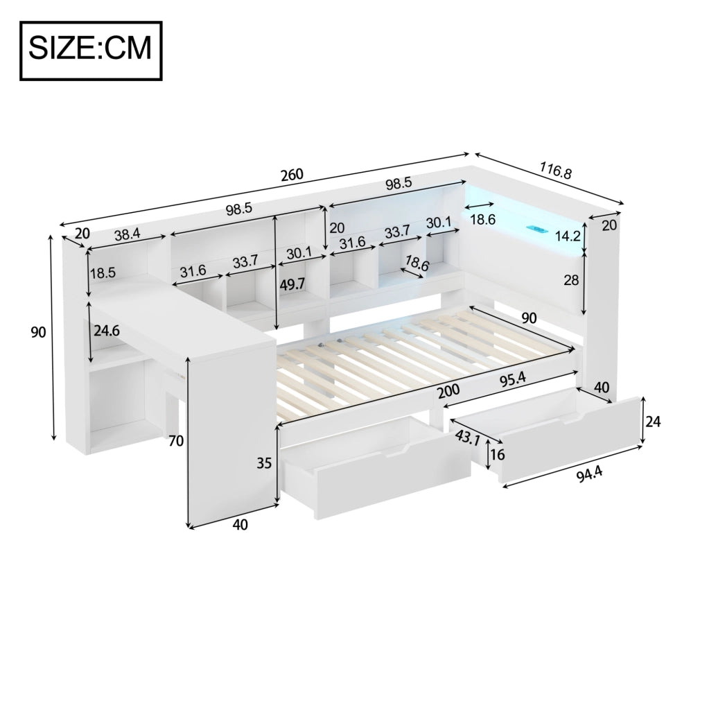 Letto a piattaforma 90x200 cm con scrivania; libreria e LED bianco