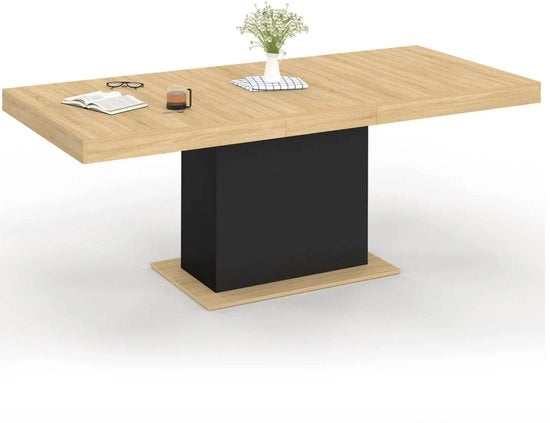 Tavolo da pranzo estensibile 160-200 cm – Tavolo quadrato moderno per 6 a 10 persone – Foglia in look di legno con piede centrale nero – Tavolo da design per cucina e soggiorno