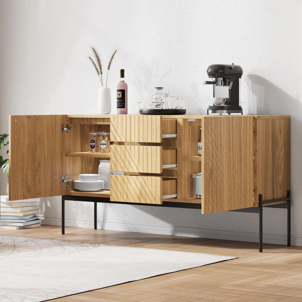 Sideboard moderno con 2 ante e 3 cassetti, struttura in truciolare con gambe in metallo, colore Natural, 140x40x75 cm