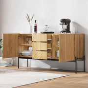 Sideboard moderno con 2 ante e 3 cassetti, struttura in truciolare con gambe in metallo, colore Natural, 140x40x75 cm