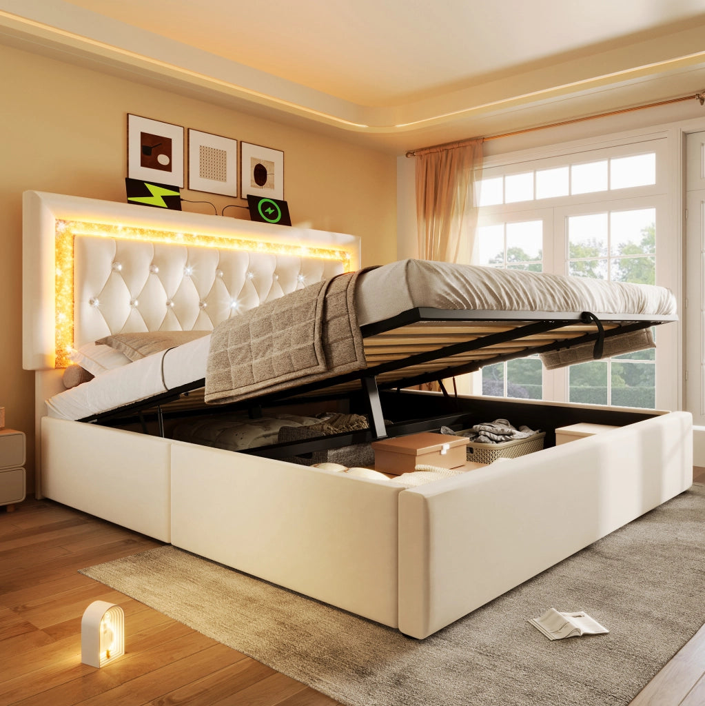 Letto imbottito 160x200 cm in velluto con LED, USB e contenitore