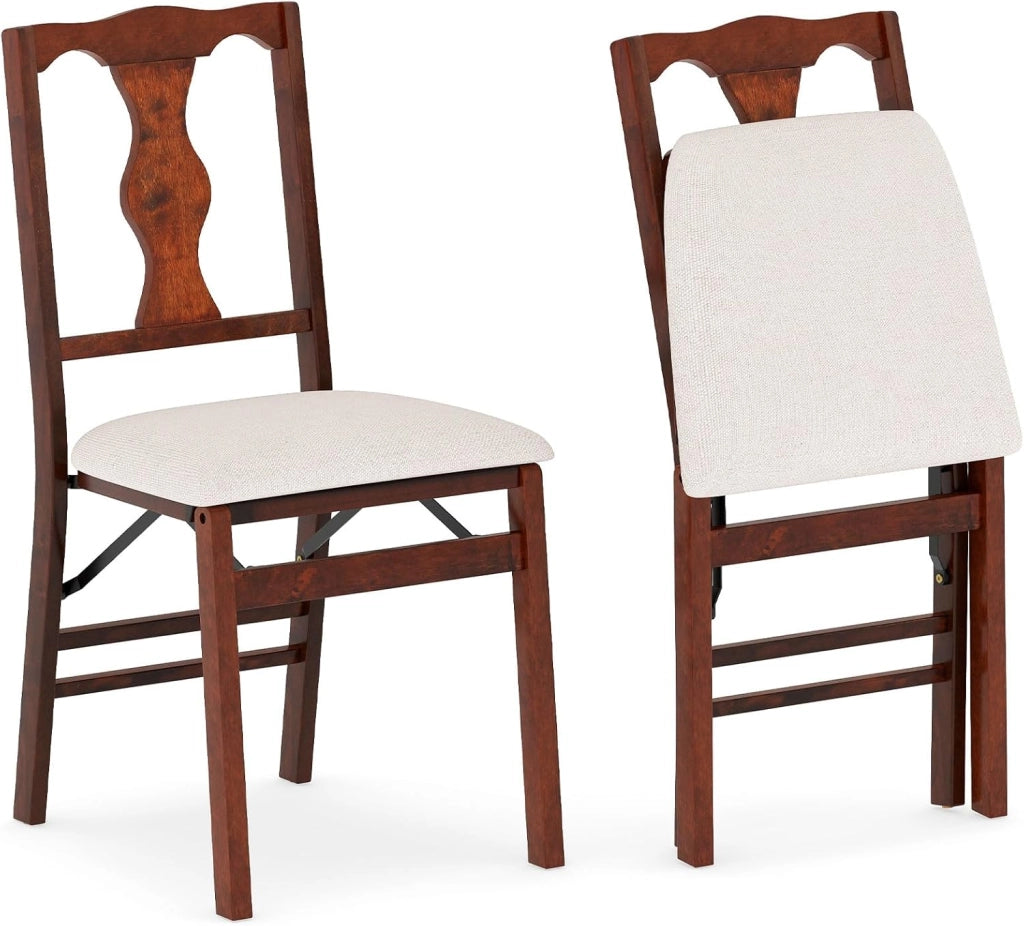 Set 2 Sedie da Pranzo Pieghevoli Imbottite, Struttura in Legno di Gomma, Rivestimento in Lino, Portata 160 kg, Salvaspazio per Cucina e Sala da Pranzo