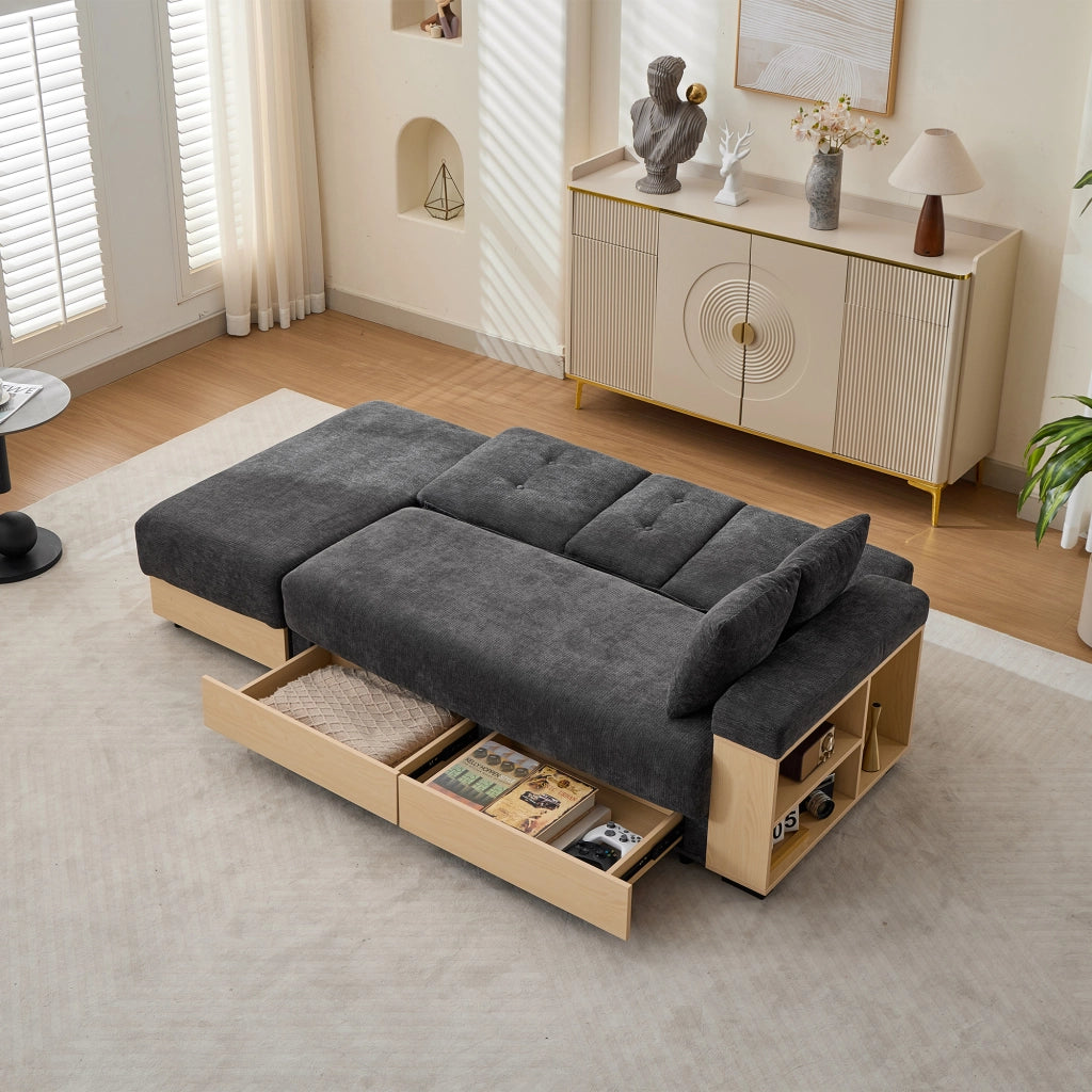 Divano letto con schienale reclinabile e vani contenitore laterali, portabevande e cuscini in ciniglia grigia 217 cm