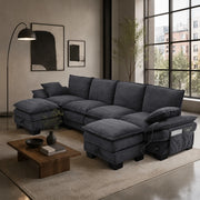 Divano modulare 4 posti in corduroy grigio scuro 330x132x84 cm con 2 pouf e USB-C