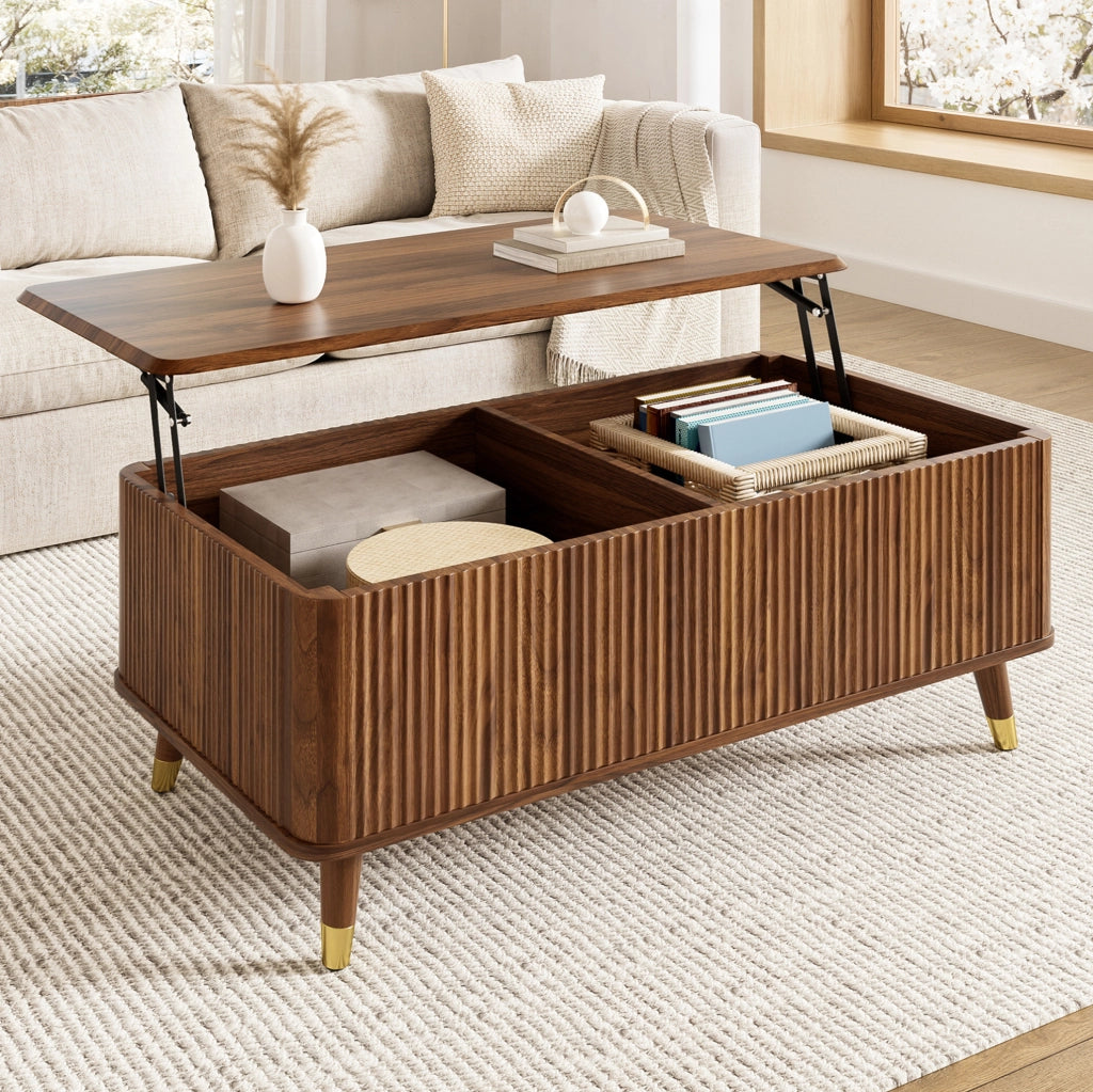 Tavolino da caffè moderno retrò con piano sollevabile 97x52x56;5 cm in MDF; noce