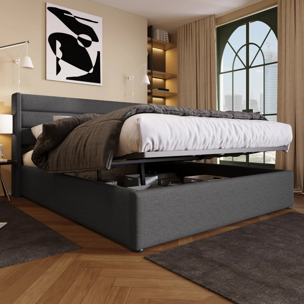 LETTO Contenitore 140x200 cm in Lino Grigio/Beige, con rete sollevabile