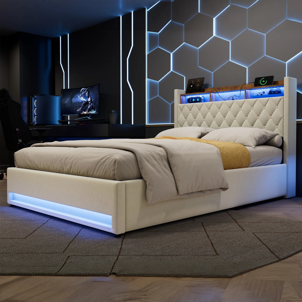Letto imbottito in velluto beige 140 × 200 cm con rete a doghe e testiera, struttura in mdf e ferro