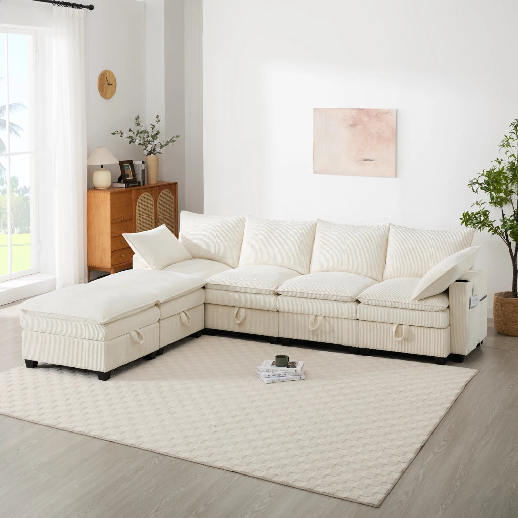 Sofa modulare a L/U in velluto a coste beige con 2 pouf, USB, contenitori e portabicchieri