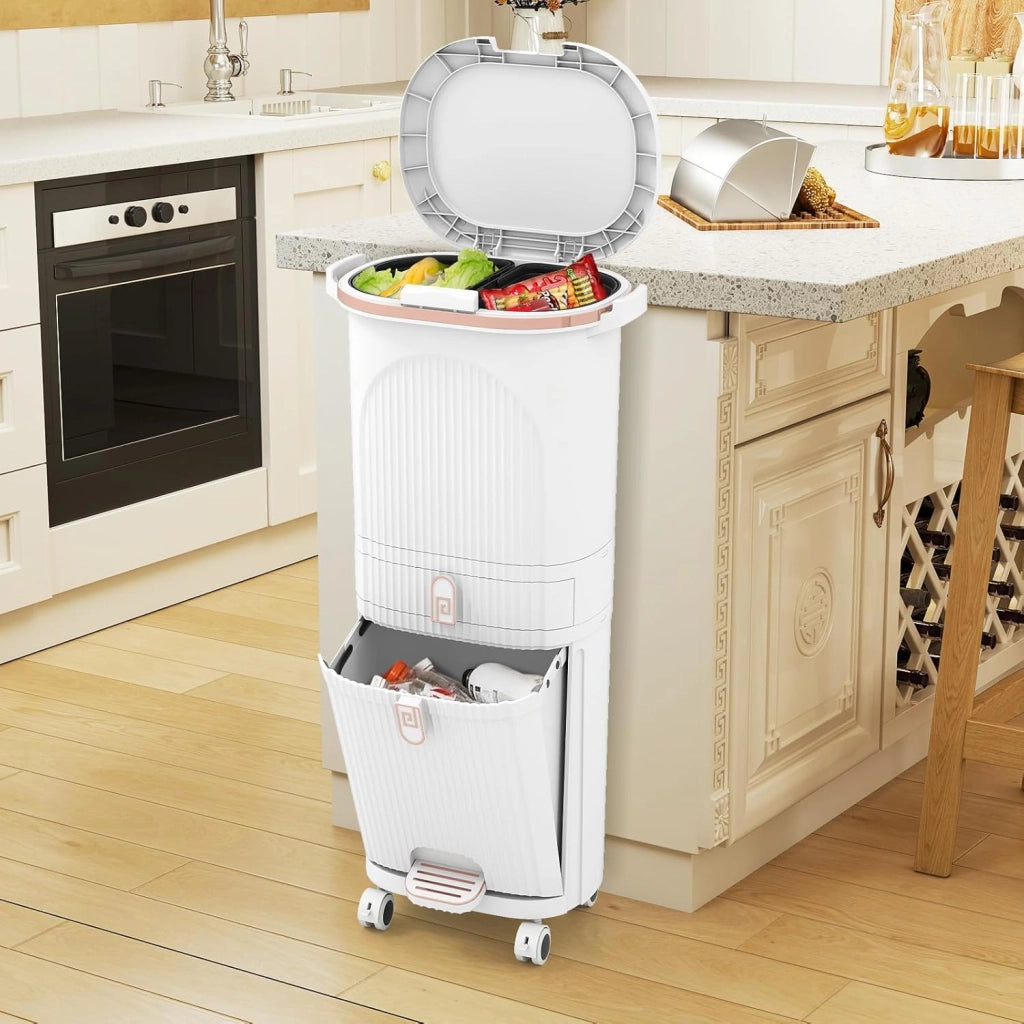 Pattumiera da cucina a 3 scomparti, 42 l, pattumiera con ruote, pattumiera a pedale con cassetto, pattumiera con coperchio, pedale e maniglia, sistema di raccolta differenziata della