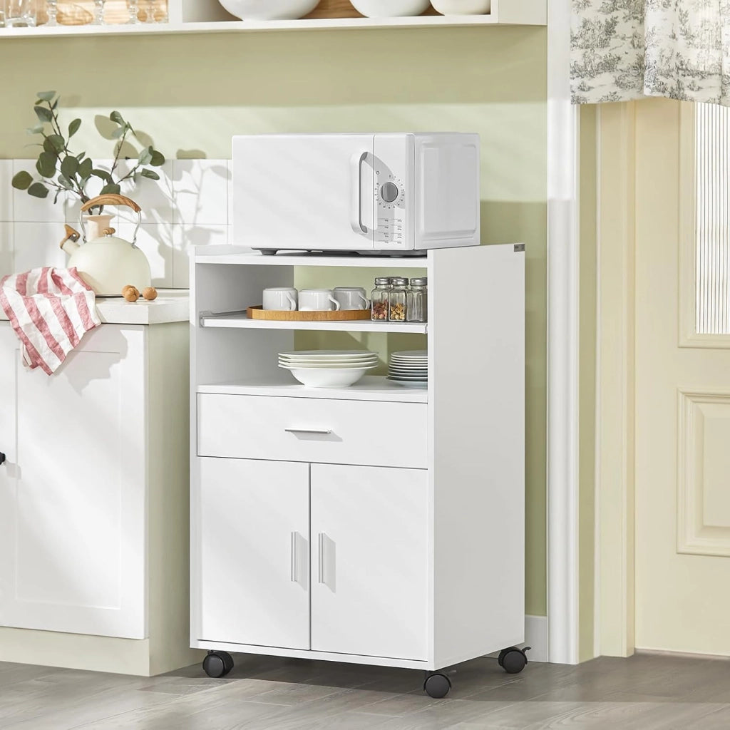 Carrello Cucina con Ruote, Mobile Microonde con Piano Estraibile e Cassetto, Mobile Cucina Salvaspazio per Piccoli Ambienti, Cucina, Coffee Station e Soggiorno, Bianco 59×40×92 cm FSB09-W