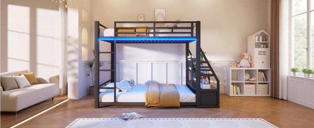 DESMIU Letto a castello 2 posti 90 × 200 cm con LED, 2 cassetti in tessuto e ripiani, senza materasso, nero