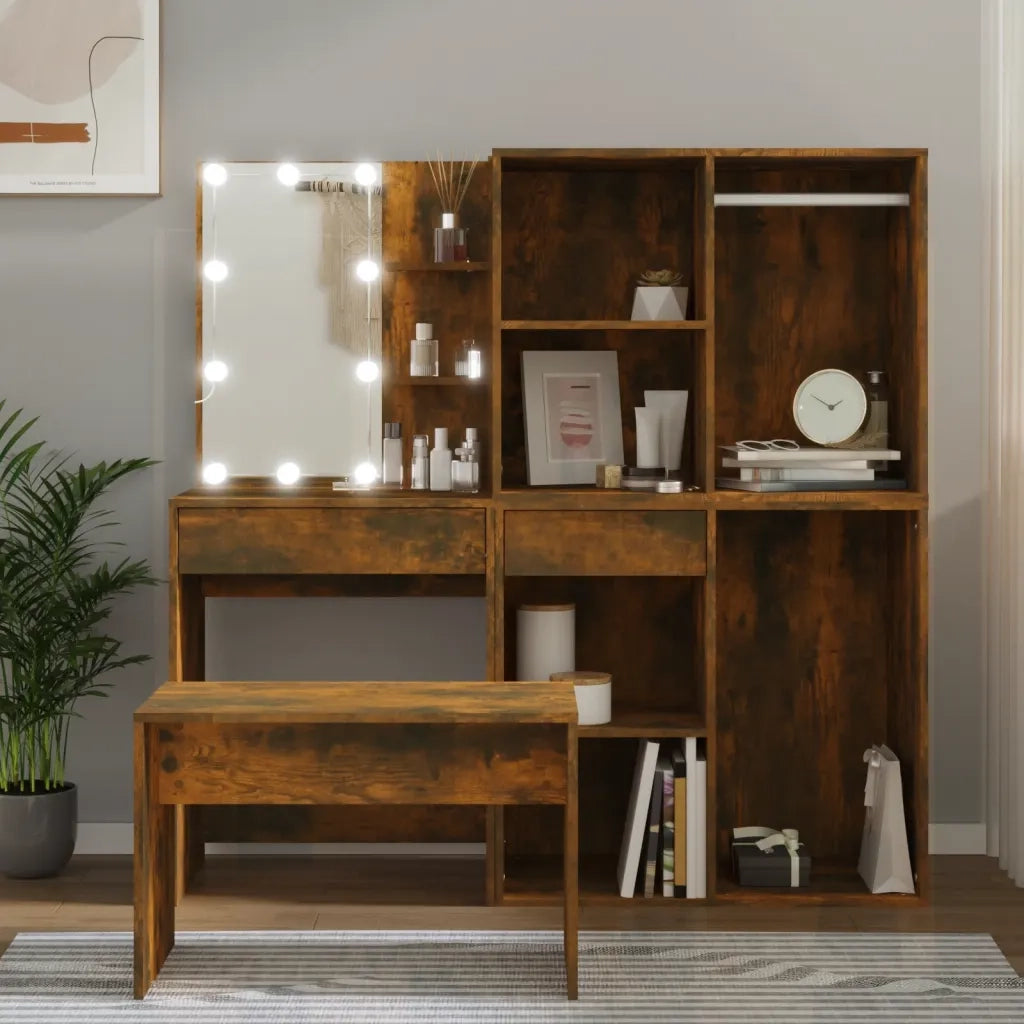 Set Tavolo da Toeletta con LED Rovere Fumo in Legno Multistrato