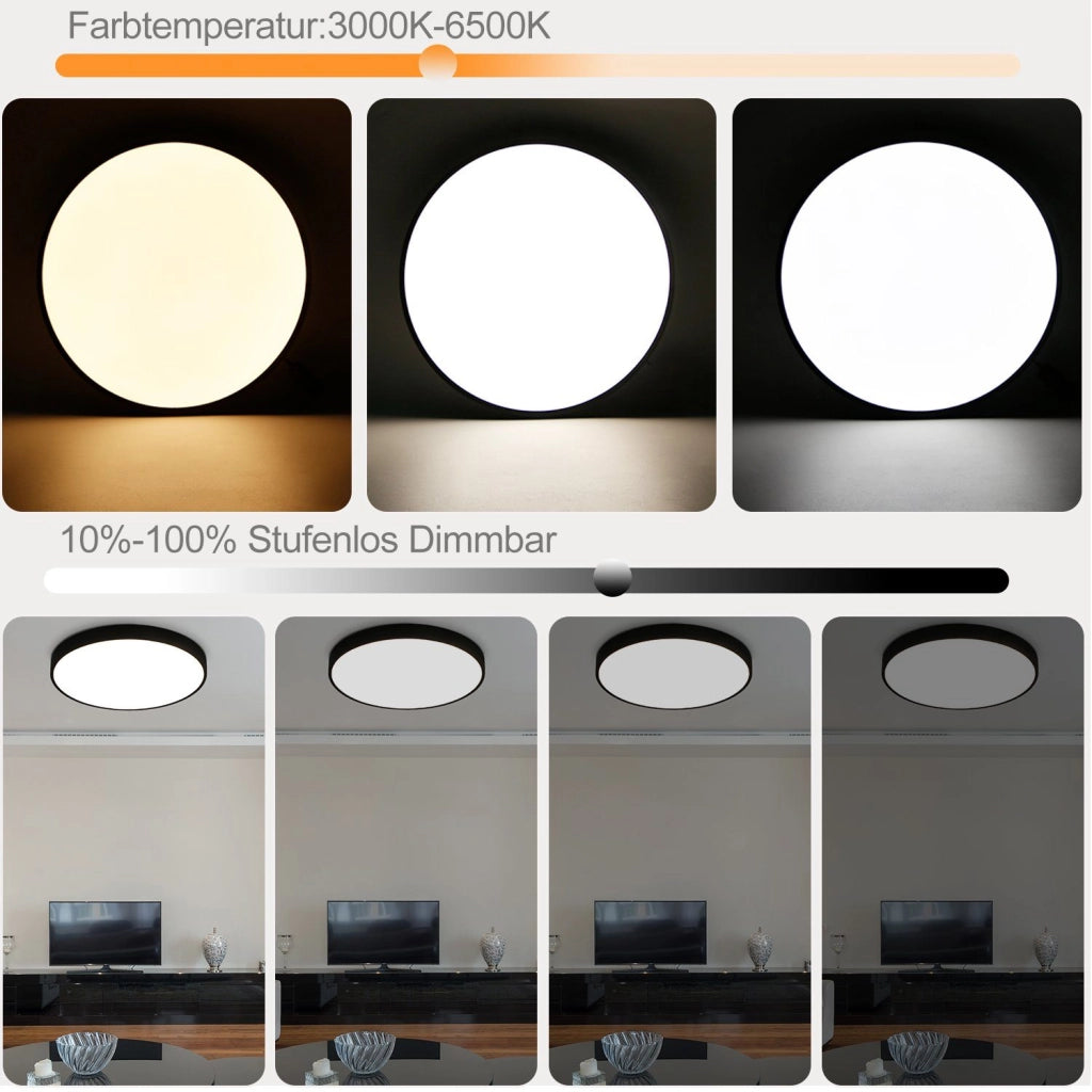 ZMH Lampada da soffitto plafoniera LED nera IP44 rotonda 37 cm intensità luminosa regolabile