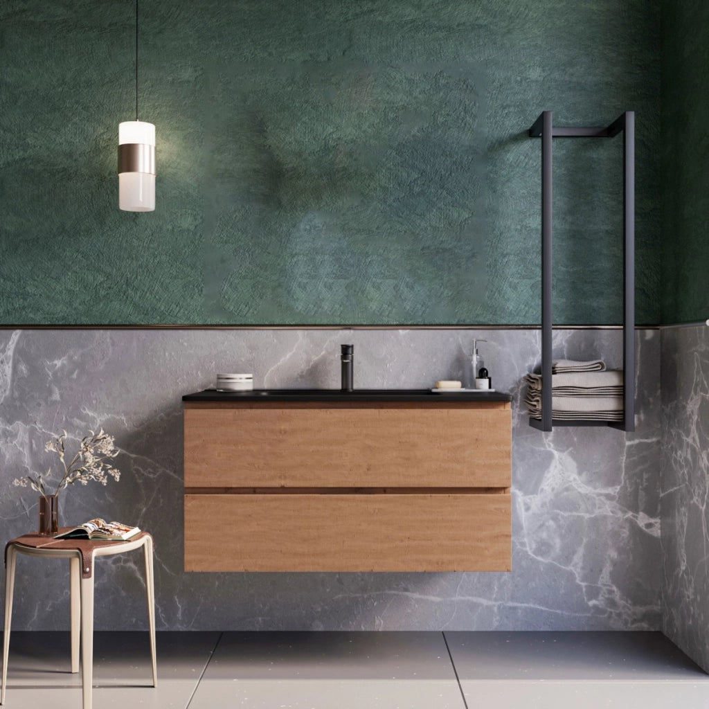Mobile bagno sospeso 100cm rovere cartagena lavabo nero opaco specchio armony, selezione accessori con specchio