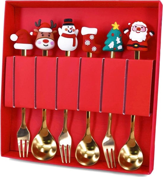 Set di forchette e cucchiai in acciaio inossidabile per Natale con 6 forchette e cucchiai in acciaio inossidabile