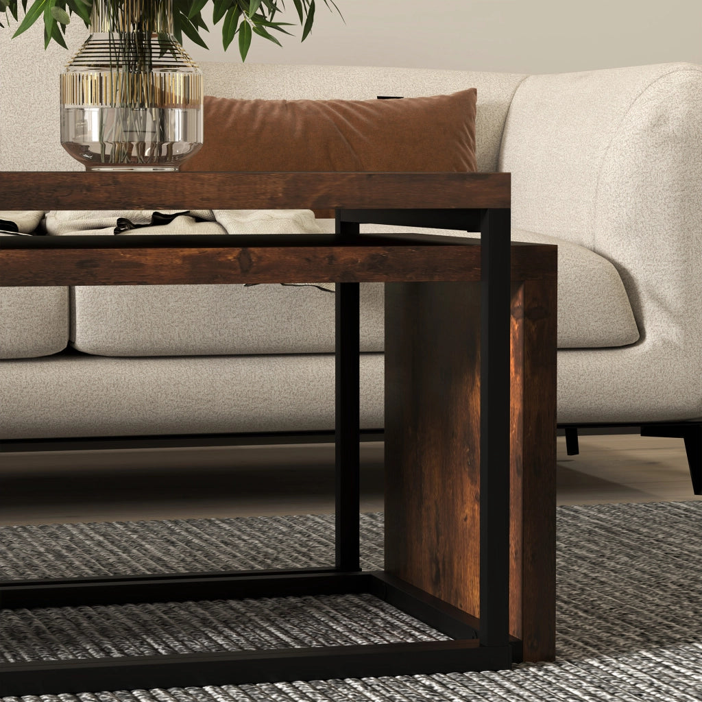 Set di 2 tavolini da salotto in MDF e metallo, colore Rustic Brown, design salvaspazio