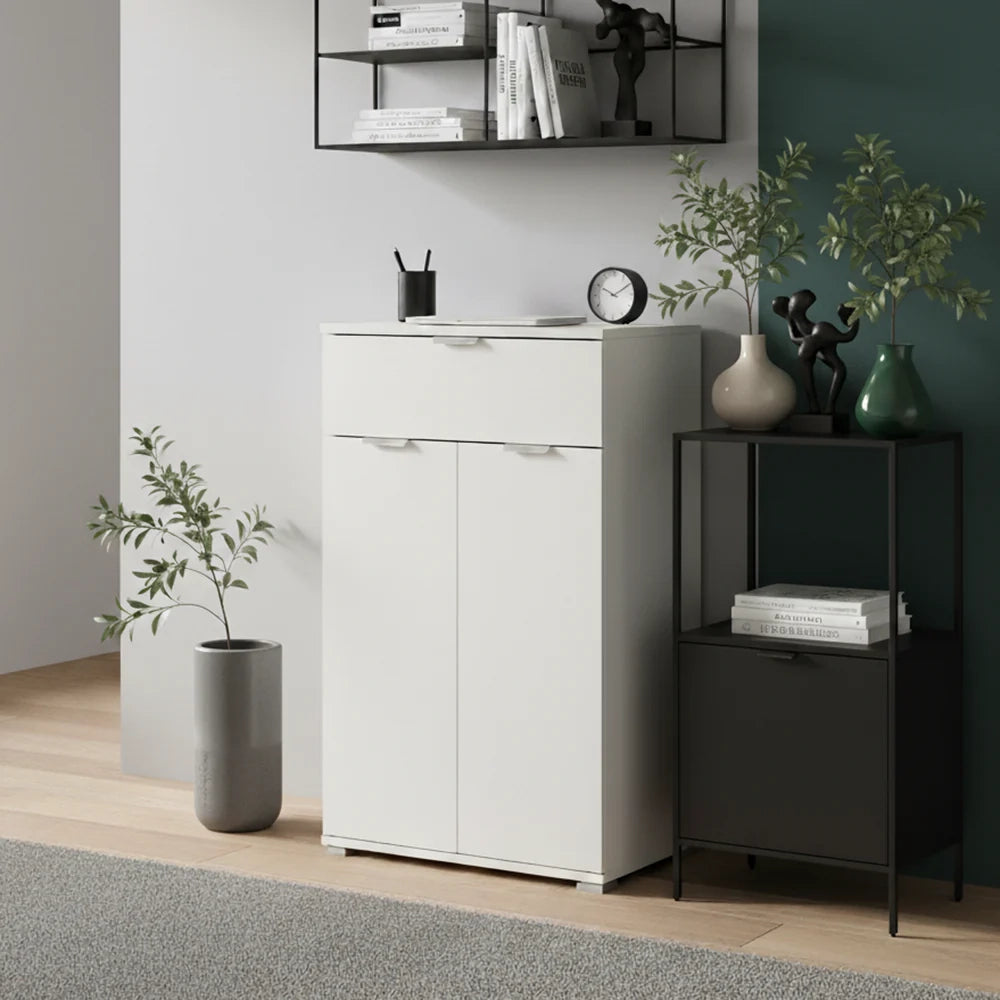 Comodino/Armadietto Bianco 2 Ante + Cassetto | Mobiletto Salvaspazio con 2 Ripiani Regolabili | Già Assemblato per Camera, Ingresso, Bagno e Soggiorno