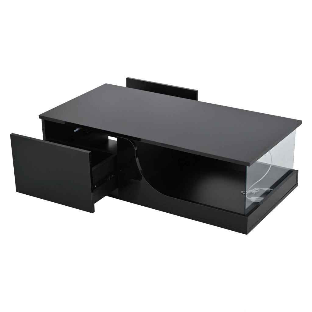 Tavolino da caffè con 2 cassetti e LED; per soggiorno; in MDF e vetro; 100 x 50 x 30 cm; nero
