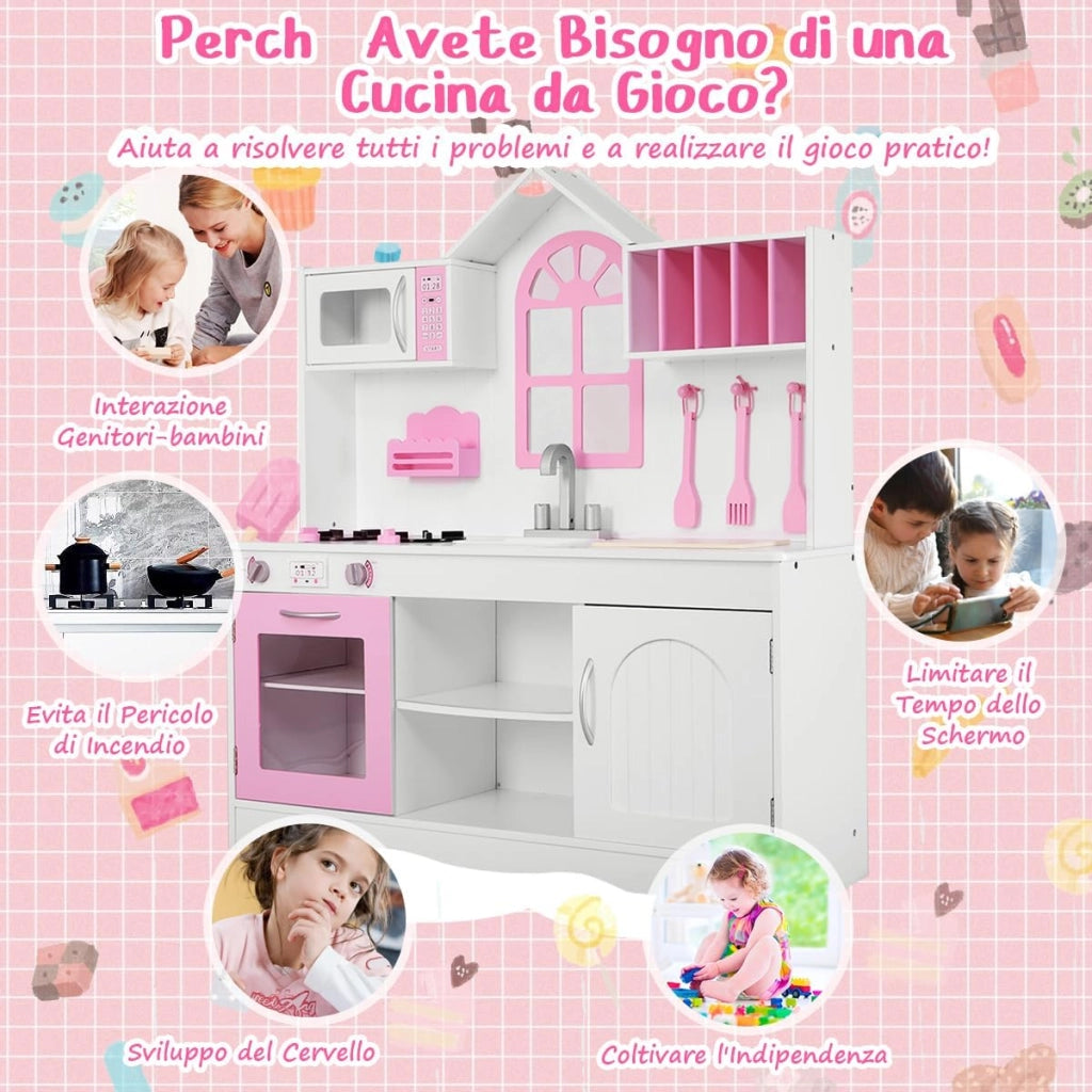 Cucina Giocattolo per Bambini, Cucina Legno per Bambini con Forno, Microonde, Lavello e Rubinetto, con Accessori da Cucina, per 3+ Anni